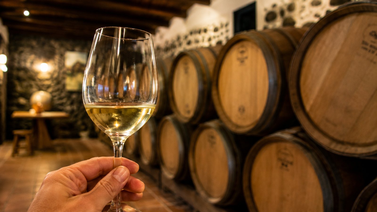 Glass of volcanic Malvasía from La Geria, Lanzarote winery